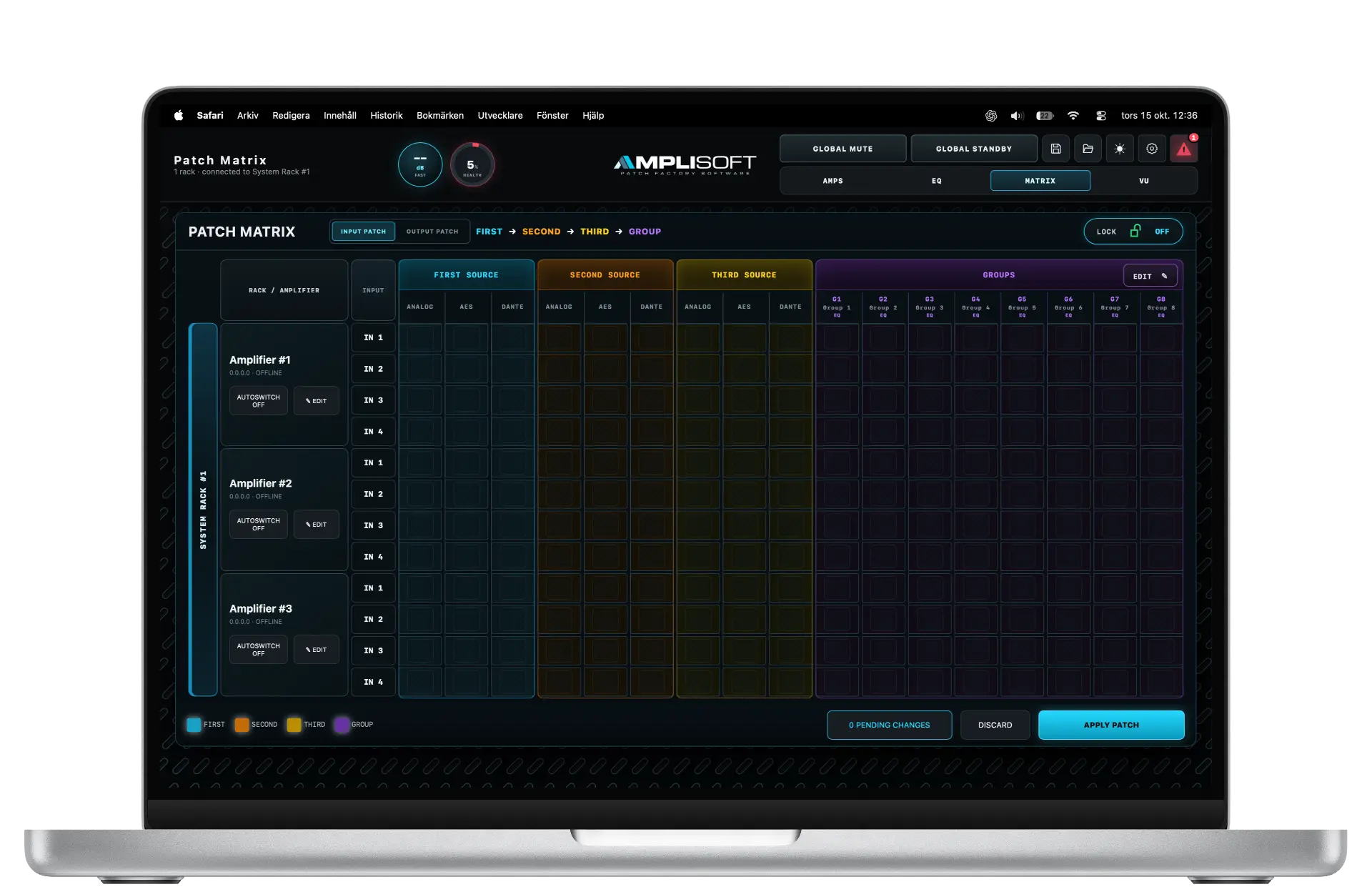 Patch Fabric patch matrix routing first, second and third sources and groups for three V12 amplifiers