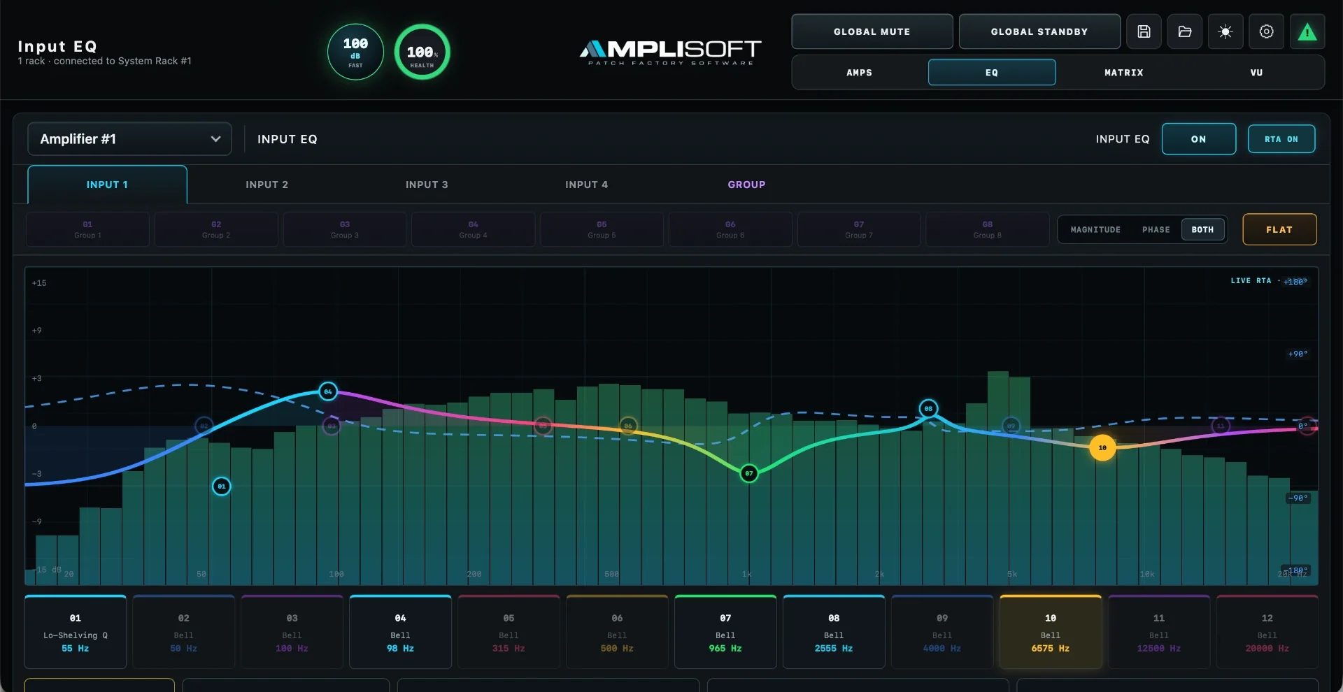 Input EQ view with RTA shown as bars behind the EQ curve