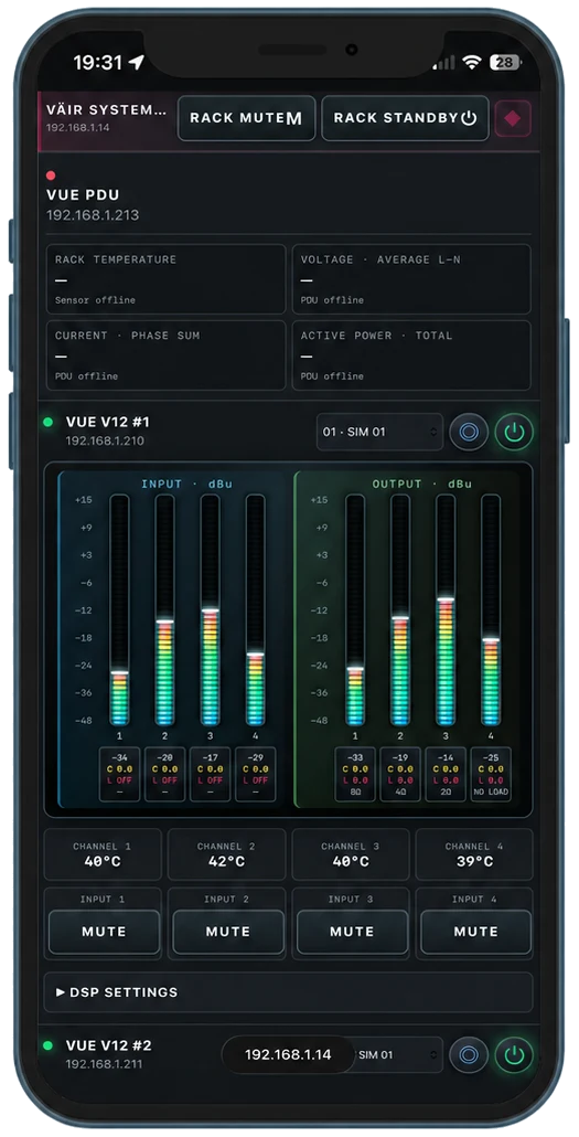 Rack overview on a phone, showing PDU readings, amplifier meters, temperatures and mute controls