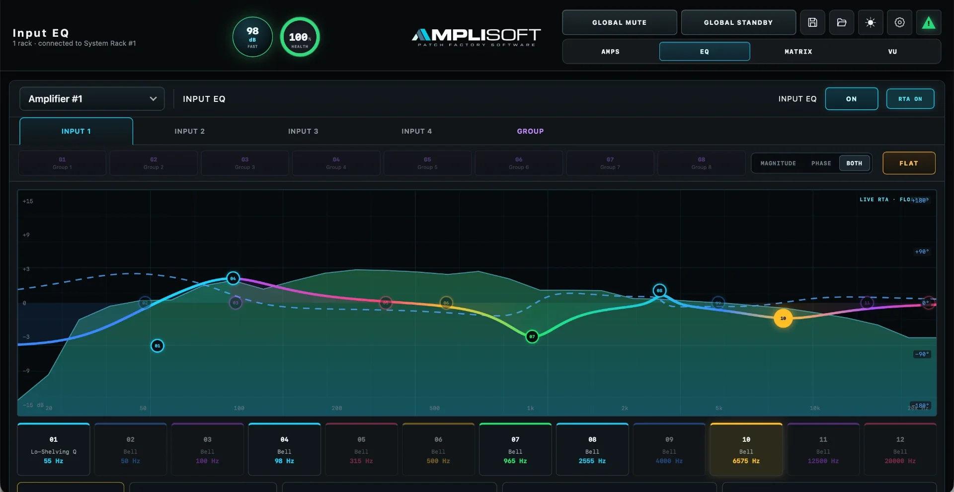 Input EQ view with twelve EQ bands and a live RTA overlay